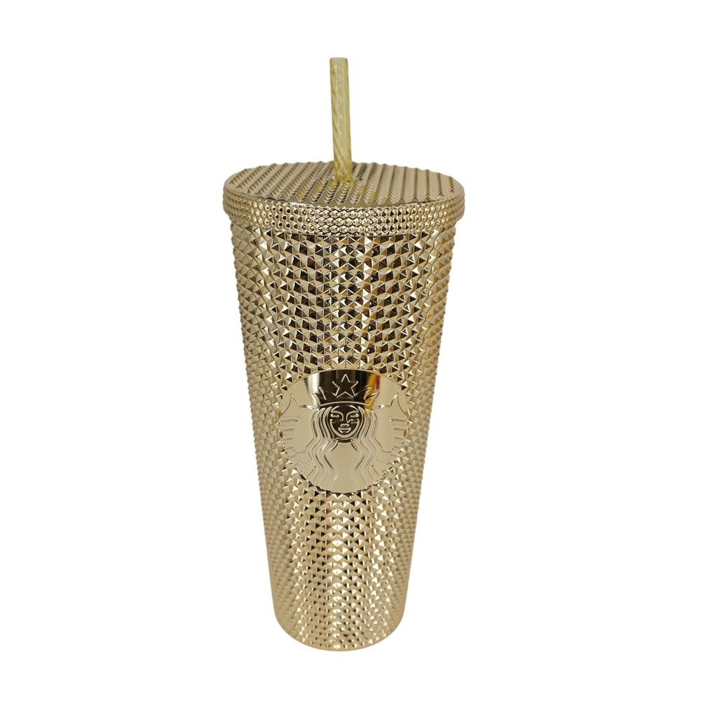 Starbucks‎ 2021 Gold Studded Venti Tumbler 24oz Metallic Cold Cup with Straw